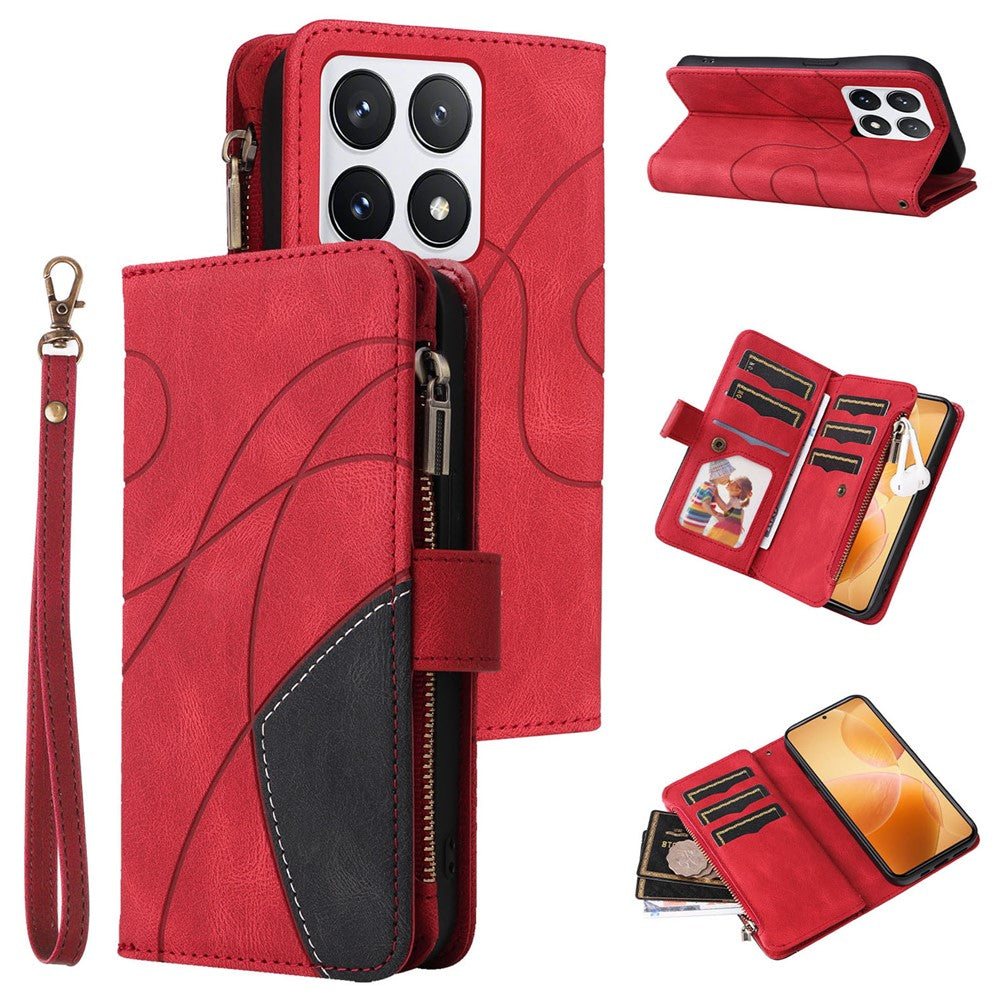 For Xiaomi 14T Pro Leather Case with Strap Zipper 9 Card Slot Phone Cover Stand