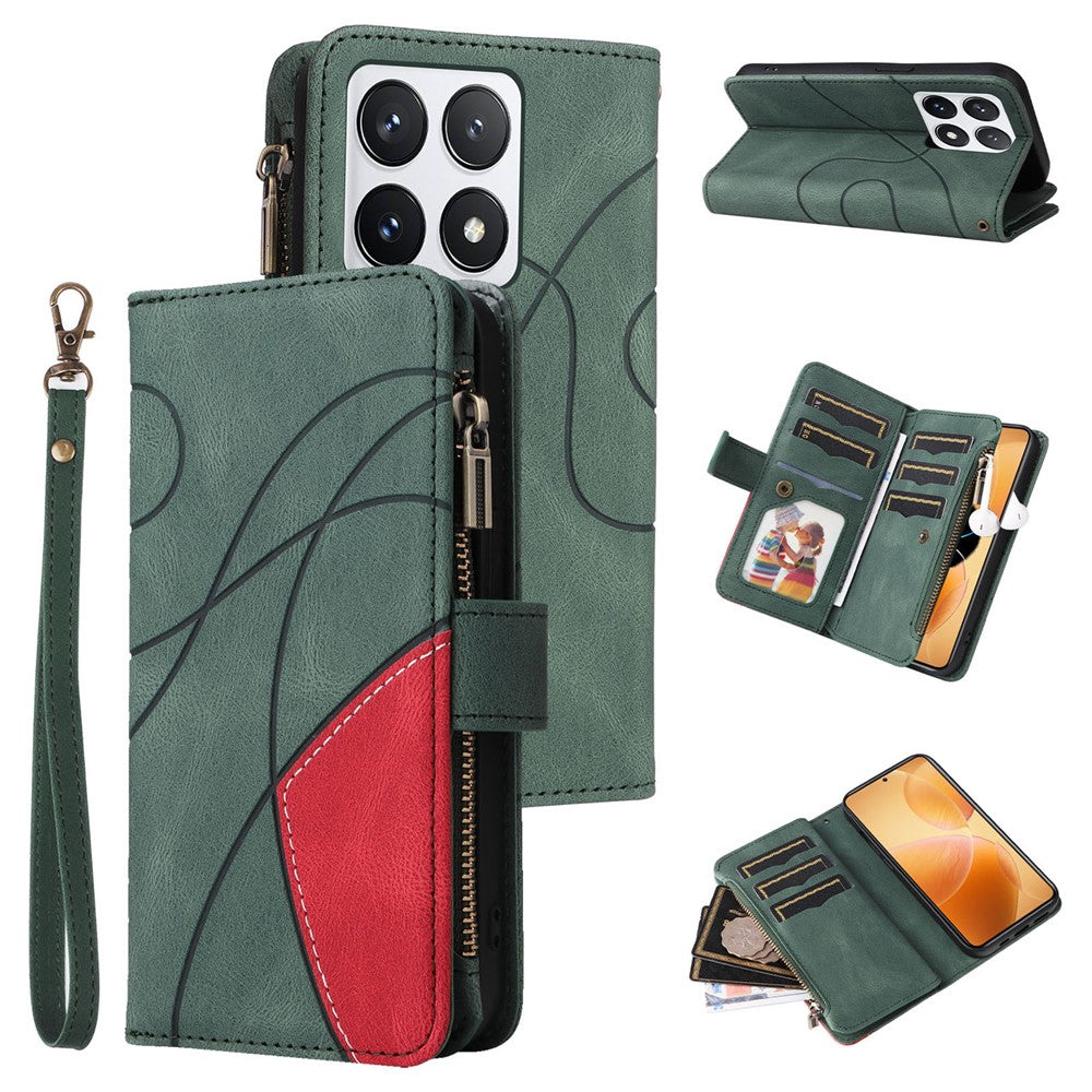 For Xiaomi 14T Pro Leather Case with Strap Zipper 9 Card Slot Phone Cover Stand