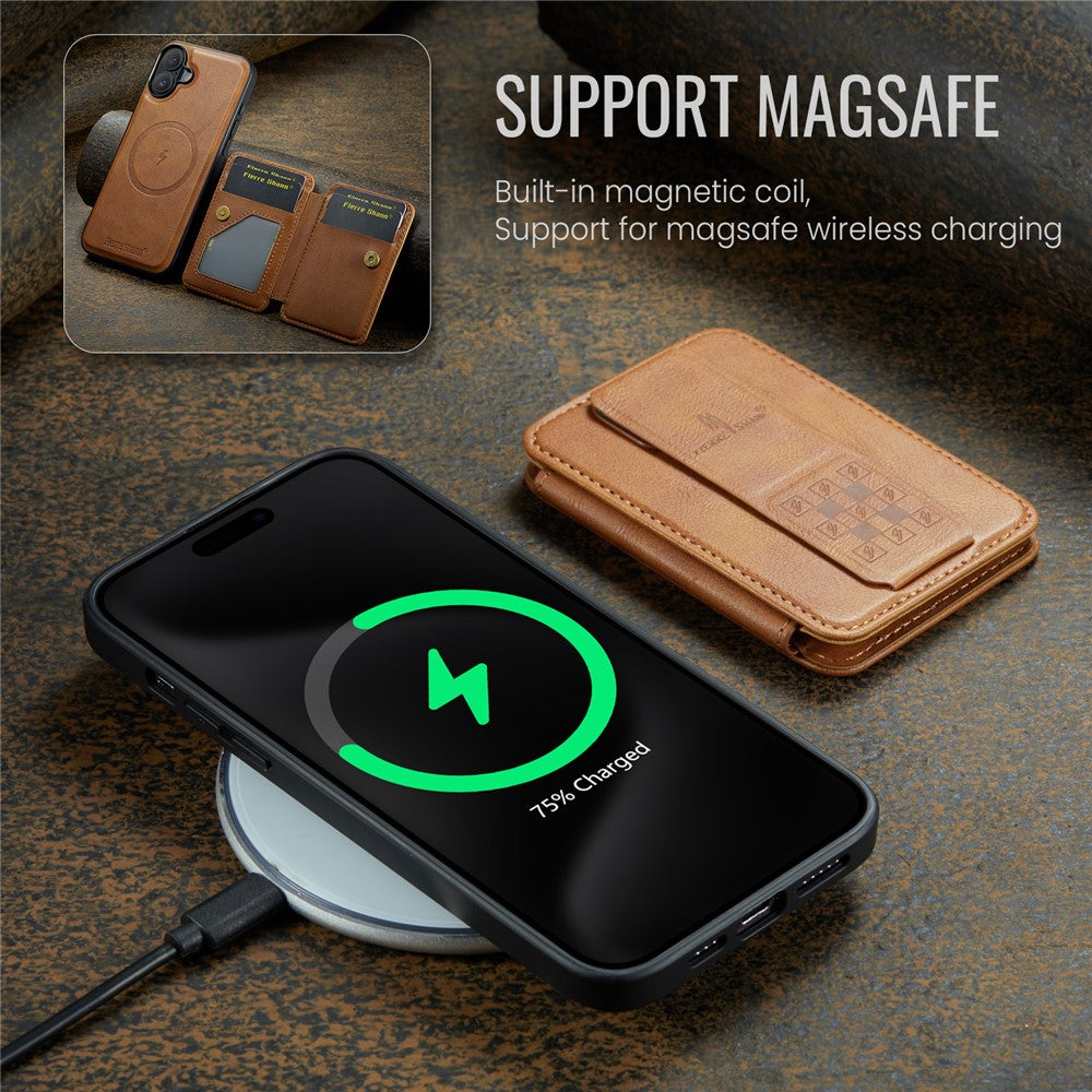 FIERRE SHANN 028 For iPhone 16 Plus Case Magnetic Detachable Card Slots Leather Back Cover