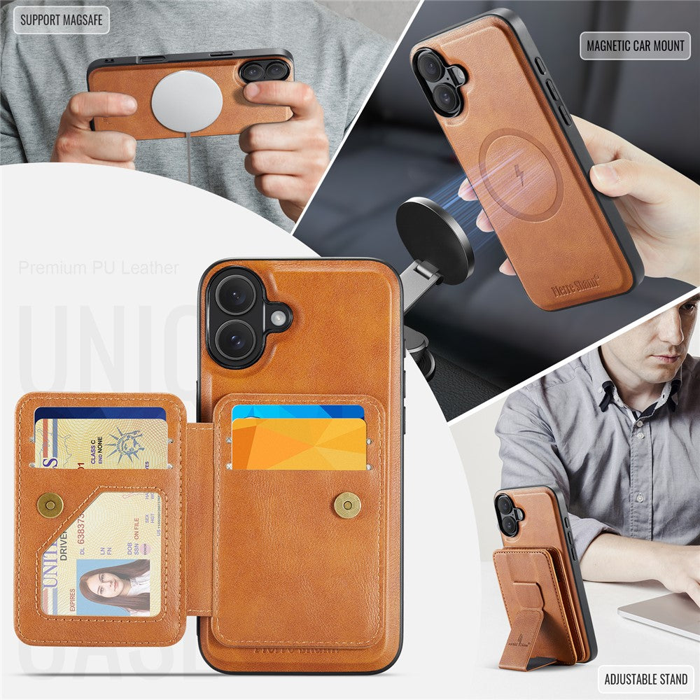 FIERRE SHANN 028 For iPhone 16 Plus Case Magnetic Detachable Card Slots Leather Back Cover
