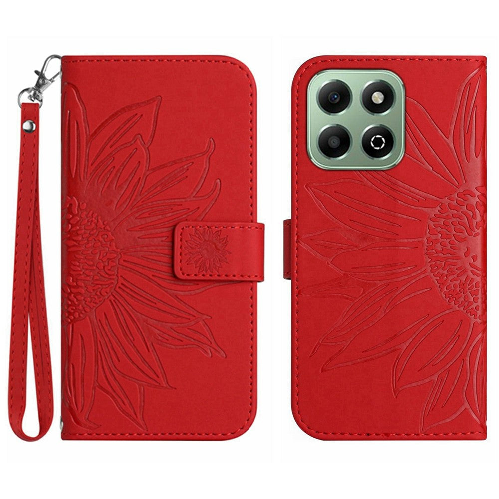 HT04 For Honor X7c 5G / X7c 4G / 200 Smart 5G Cover Solrosepræget Læderpung Telefoncover med Håndrem