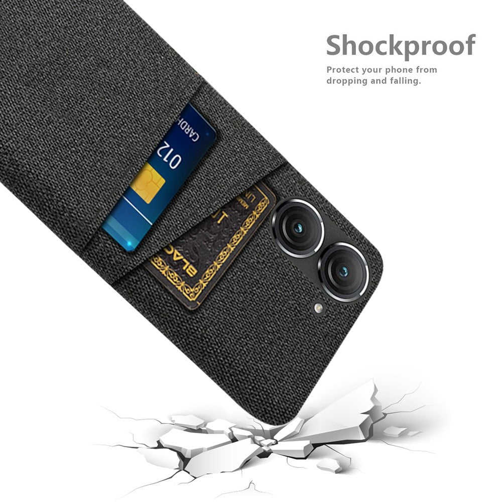 For Asus Zenfone 9 5G Drop-proof Cloth Texture Phone Case with Dual Card Slots Scratch Resistant PC Protective Cover