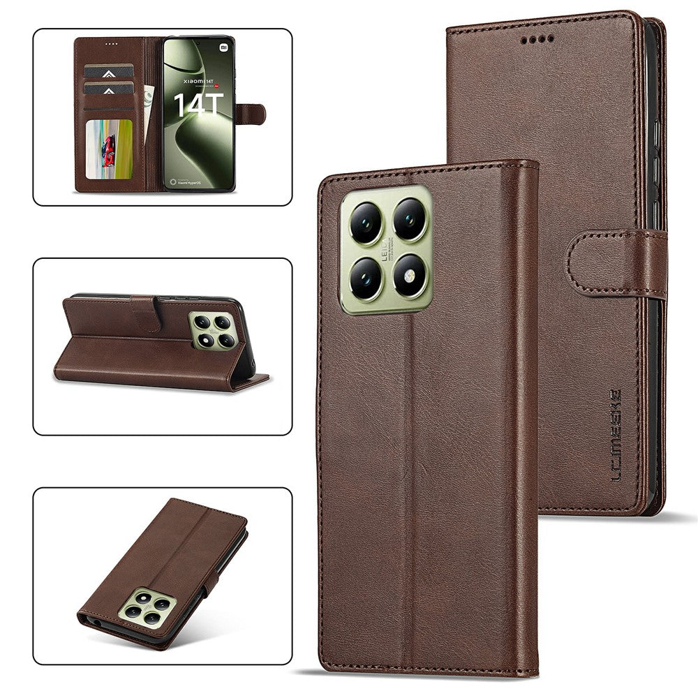 LC.IMEEKE For Xiaomi 14T Case Calf Texture PU Leather Stand Wallet Phone Cover