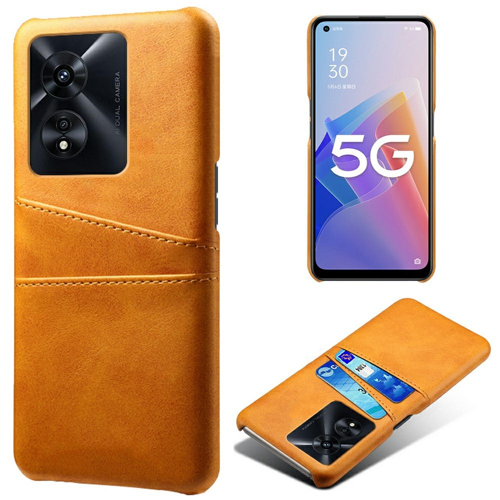 For Oppo A97 5G Protective Phone Case with Dual Card Slots Anti-fall PU Leather Coated Hard PC Back Cover Shell