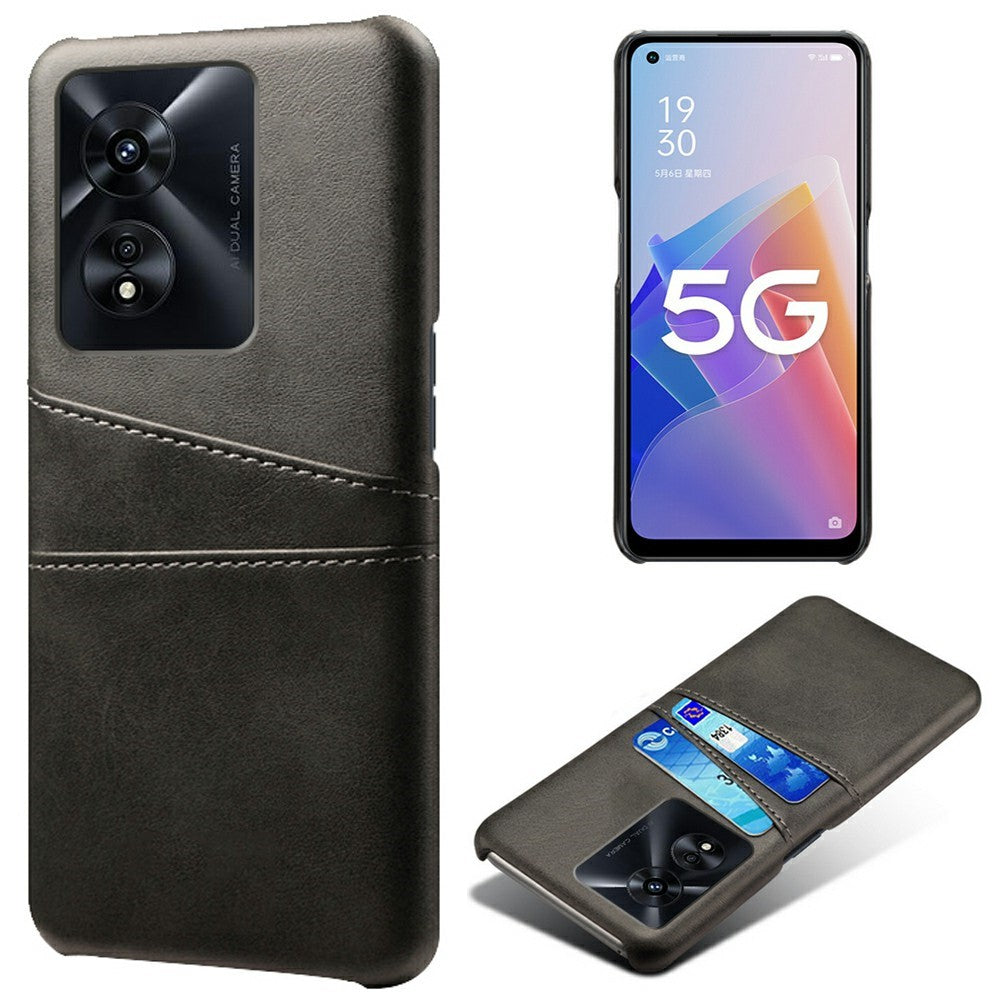 For Oppo A97 5G Protective Phone Case with Dual Card Slots Anti-fall PU Leather Coated Hard PC Back Cover Shell