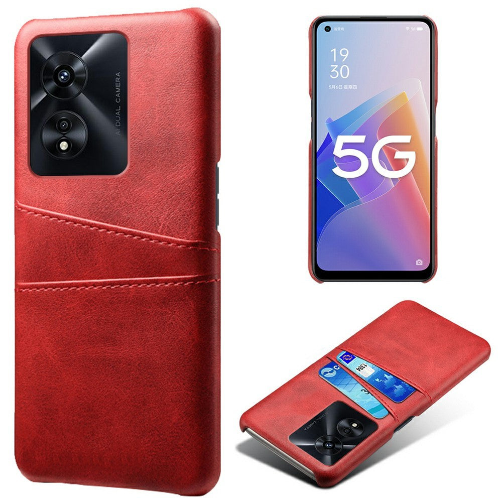 For Oppo A97 5G Protective Phone Case with Dual Card Slots Anti-fall PU Leather Coated Hard PC Back Cover Shell