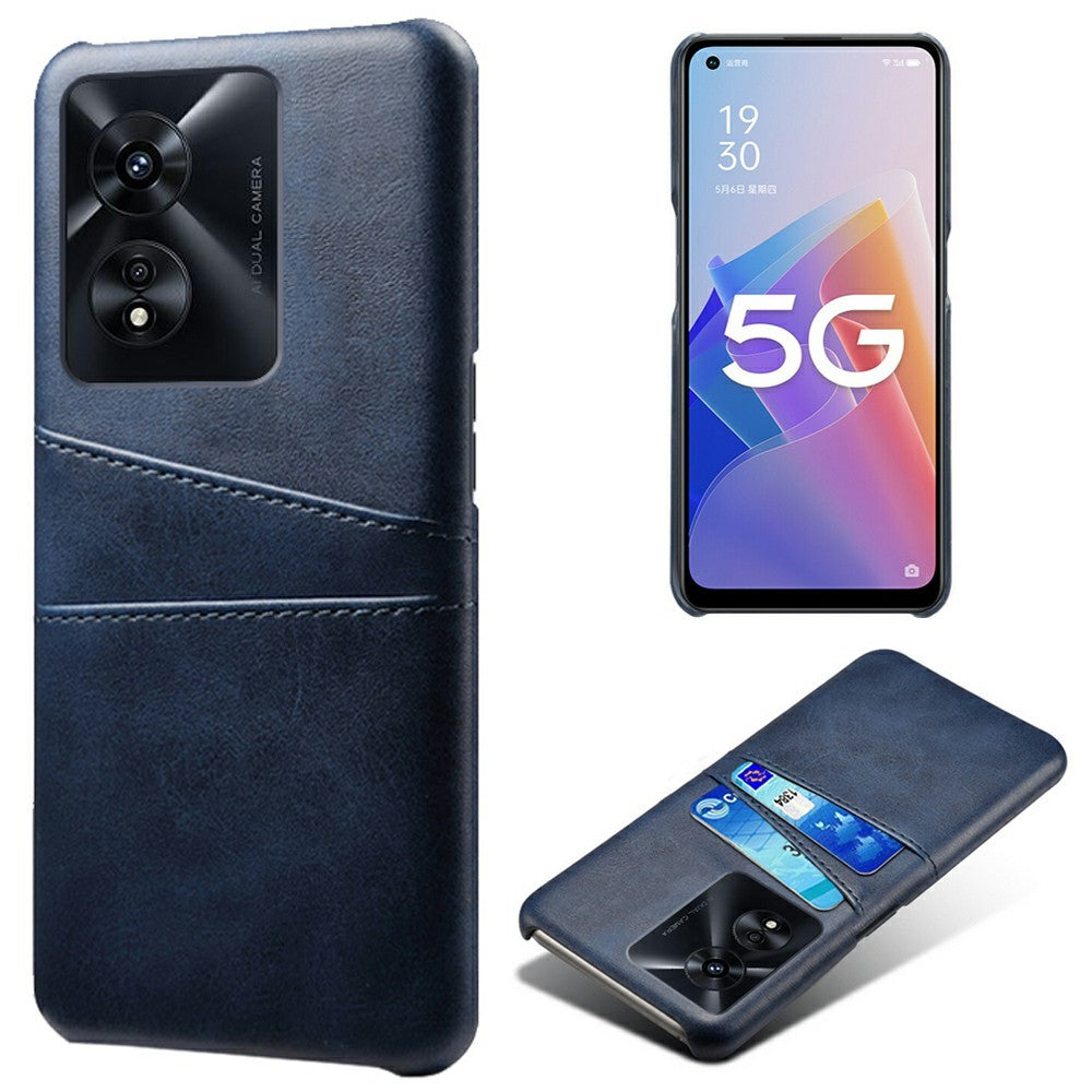 For Oppo A97 5G Protective Phone Case with Dual Card Slots Anti-fall PU Leather Coated Hard PC Back Cover Shell