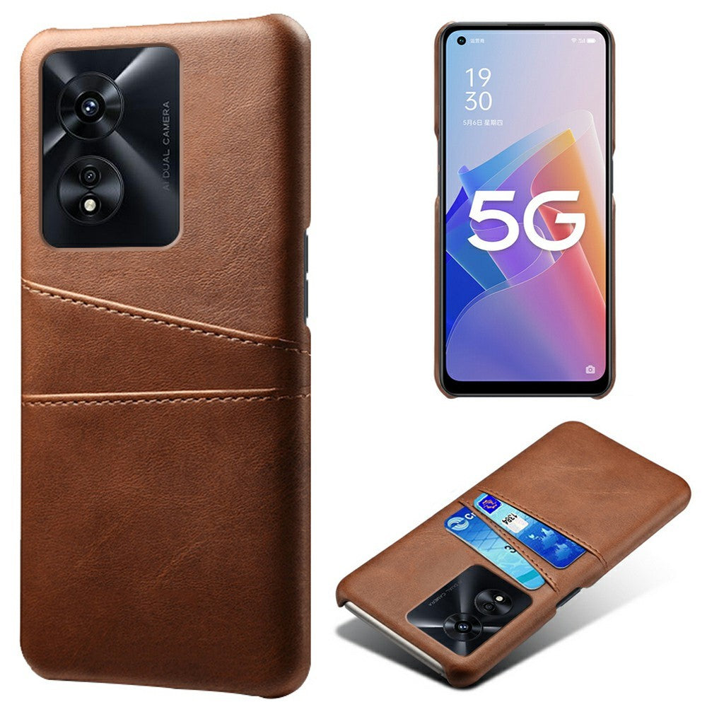For Oppo A97 5G Protective Phone Case with Dual Card Slots Anti-fall PU Leather Coated Hard PC Back Cover Shell