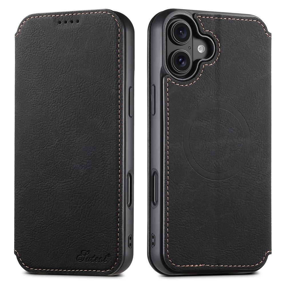 SUTENI J06 For iPhone 16 Plus Case Litchi Texture Leather Wallet Phone Shell Compatible with MagSafe