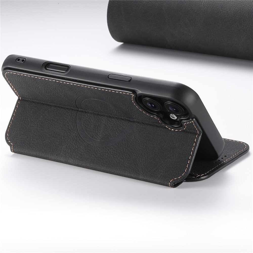 SUTENI J06 For iPhone 16 Plus Case Litchi Texture Leather Wallet Phone Shell Compatible with MagSafe