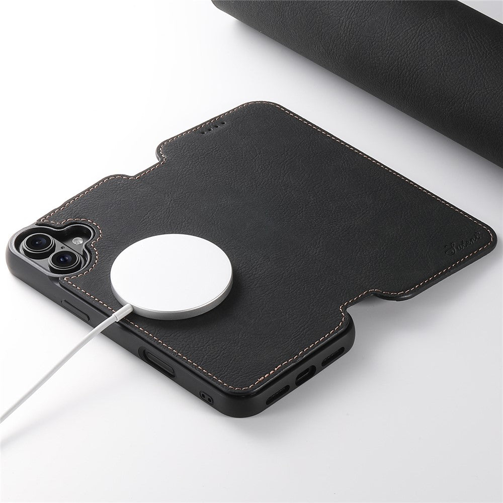 SUTENI J06 For iPhone 16 Plus Case Litchi Texture Leather Wallet Phone Shell Compatible with MagSafe