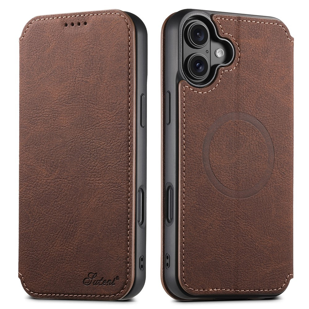 SUTENI J06 For iPhone 16 Plus Case Litchi Texture Leather Wallet Phone Shell Compatible with MagSafe