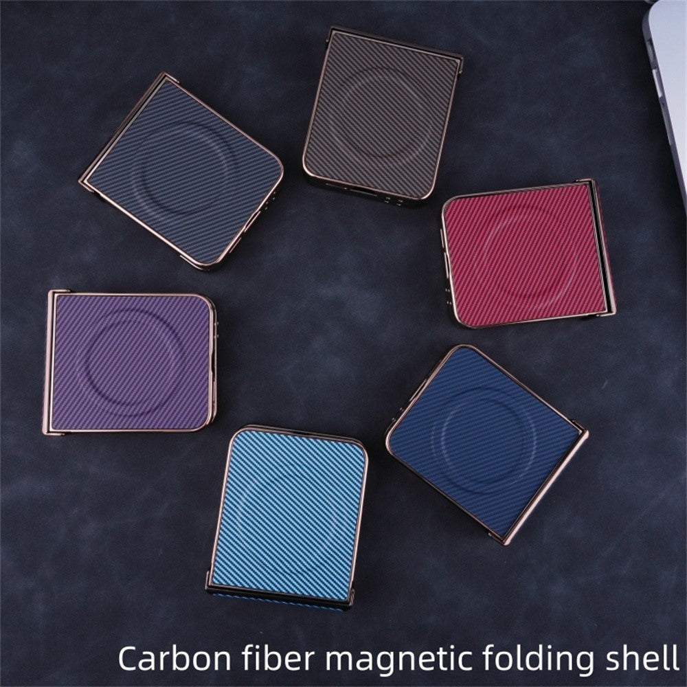 Til Samsung Galaxy Z Flip5 5G Magnetisk Etui Hængselbeskyttelse Kulfiber Tekstur Læder+PC Galvanisering Telefoncover