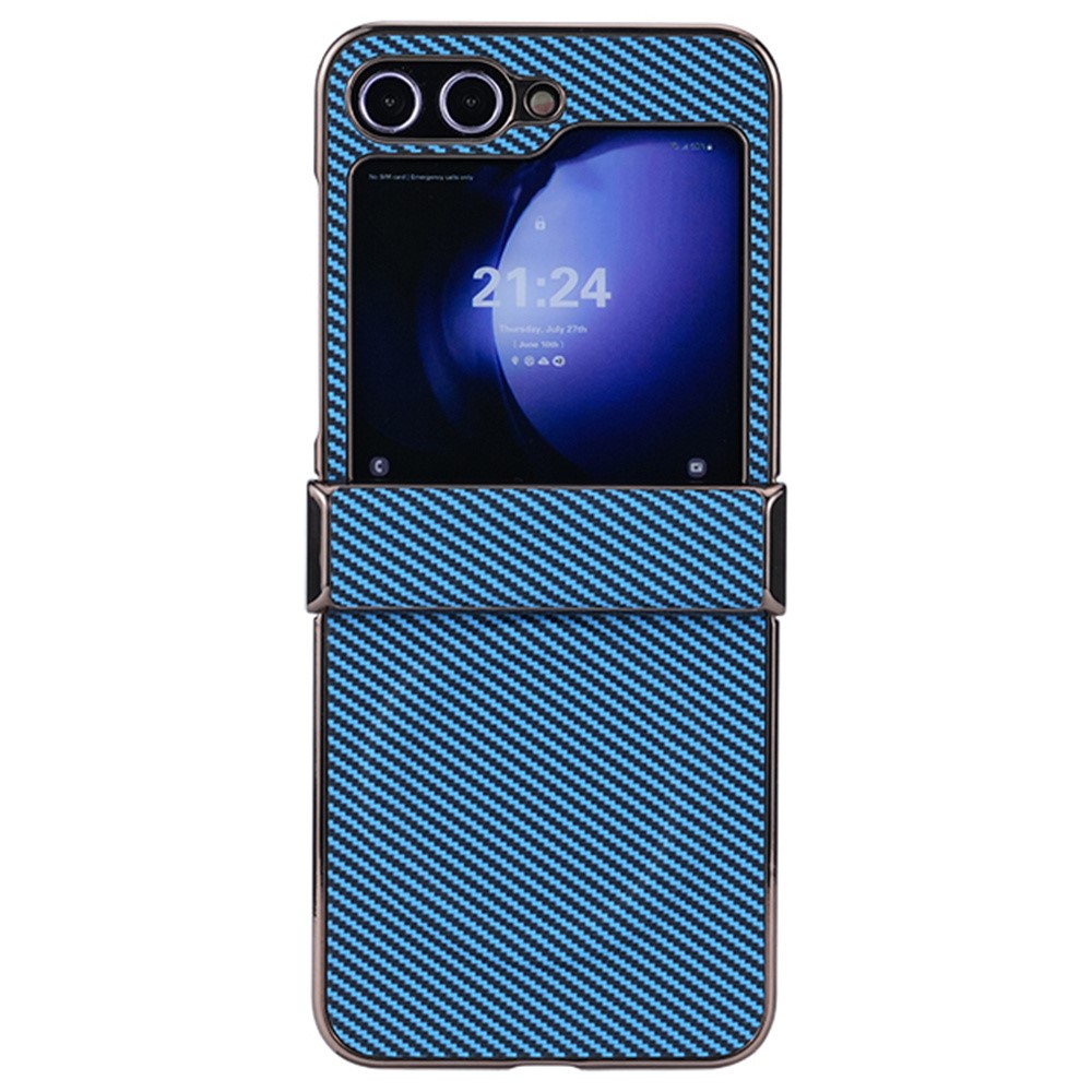 Til Samsung Galaxy Z Flip5 5G Magnetisk Etui Hængselbeskyttelse Kulfiber Tekstur Læder+PC Galvanisering Telefoncover