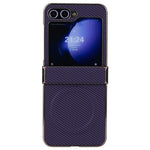 Til Samsung Galaxy Z Flip5 5G Magnetisk Etui Hængselbeskyttelse Kulfiber Tekstur Læder+PC Galvanisering Telefoncover