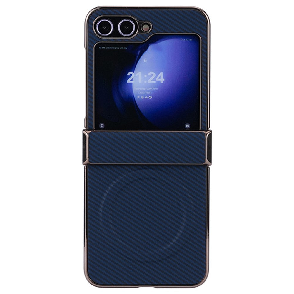 Til Samsung Galaxy Z Flip5 5G Magnetisk Etui Hængselbeskyttelse Kulfiber Tekstur Læder+PC Galvanisering Telefoncover