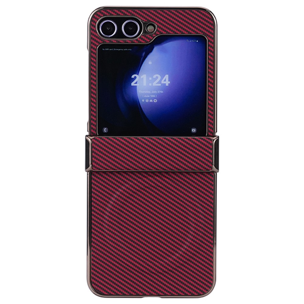 Til Samsung Galaxy Z Flip5 5G Magnetisk Etui Hængselbeskyttelse Kulfiber Tekstur Læder+PC Galvanisering Telefoncover