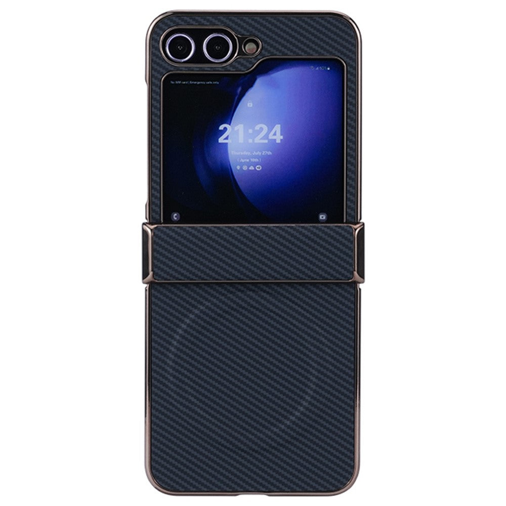 Samsung Galaxy Z Flip7 FE 5G / Z Flip6 5G-magnetisk cover med hængselsbeskyttelse, kulfibertekstur og læder+PC-mobilcover