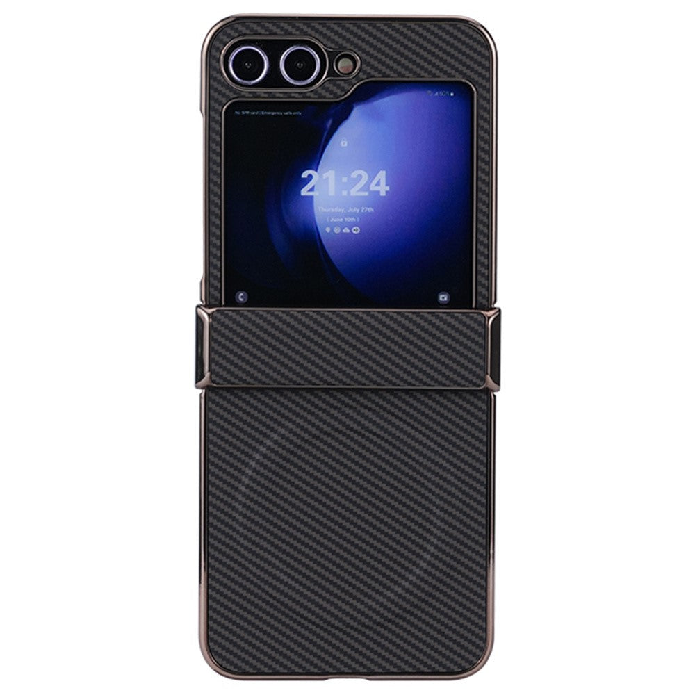 Samsung Galaxy Z Flip7 FE 5G / Z Flip6 5G-magnetisk cover med hængselsbeskyttelse, kulfibertekstur og læder+PC-mobilcover