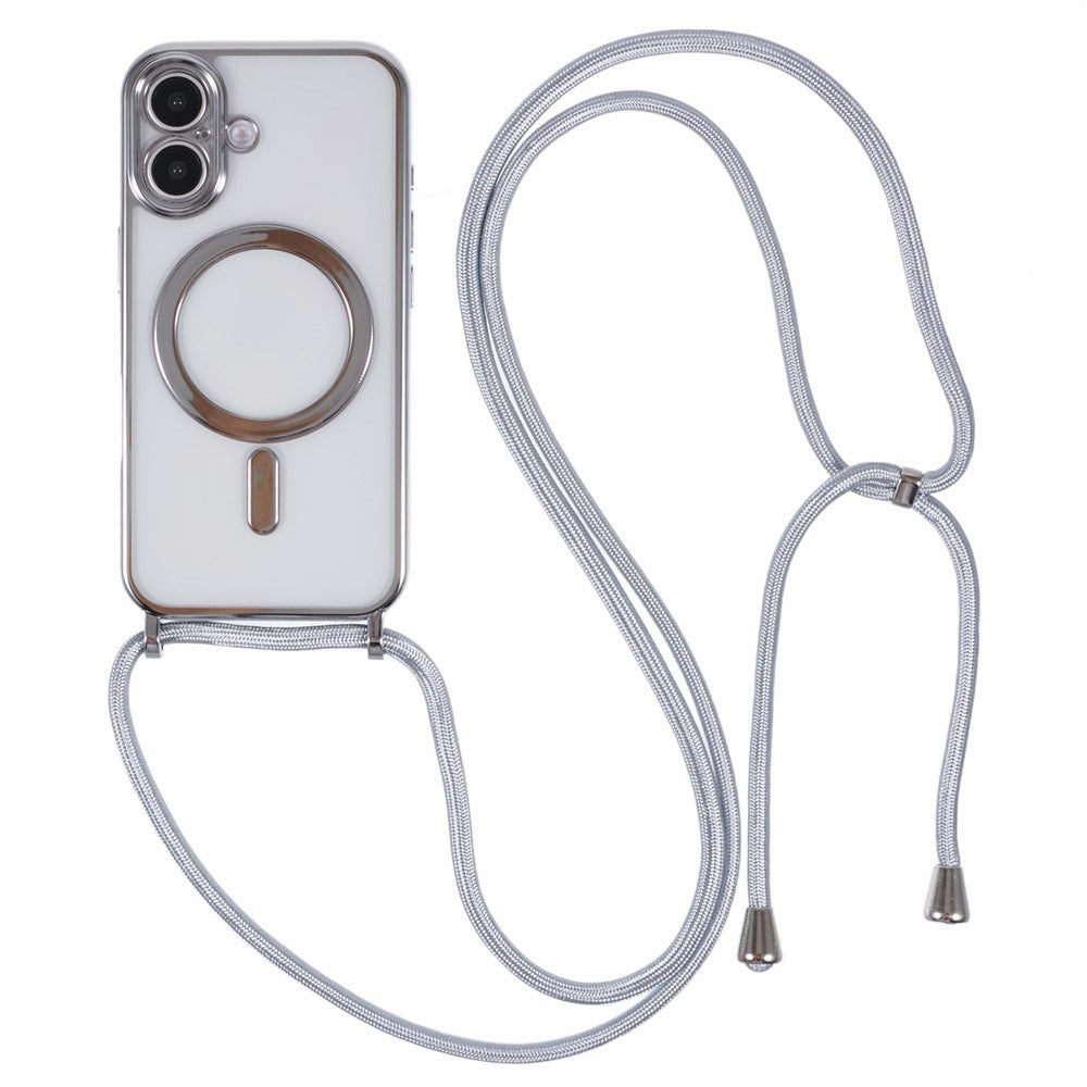 For iPhone 16 Plus Case Compatible with MagSafe Electroplating TPU Cellphone Protector with Long Lanyard