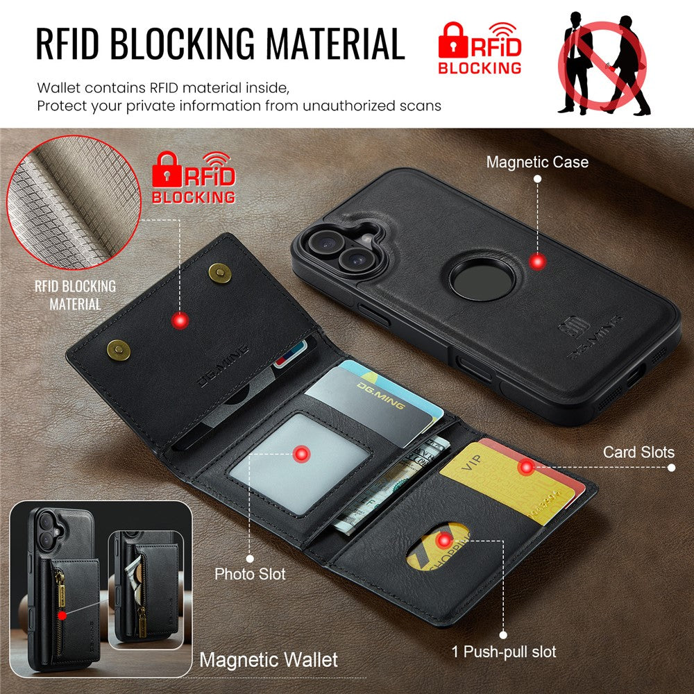 DG.MING M5-serie til iPhone 16 Plus-etui Aftageligt magnetisk lædertelefoncover med kortlommer