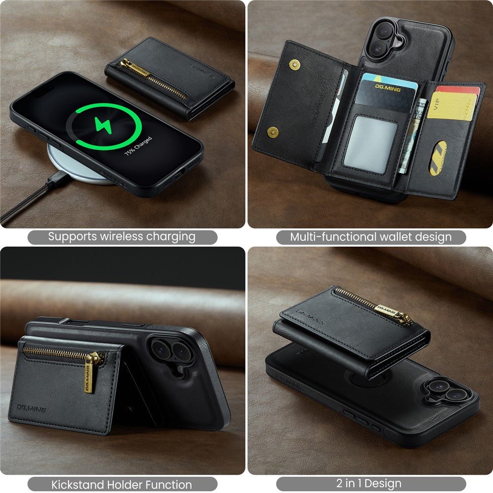 DG.MING M5-serie til iPhone 16 Plus-etui Aftageligt magnetisk lædertelefoncover med kortlommer