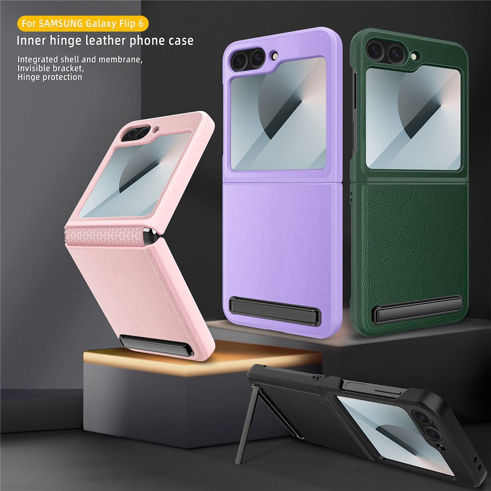 For Samsung Galaxy Z Flip7 FE 5G / Z Flip6 5G Case Kickstand PC+PU Phone Cover with Screen / Lens Film