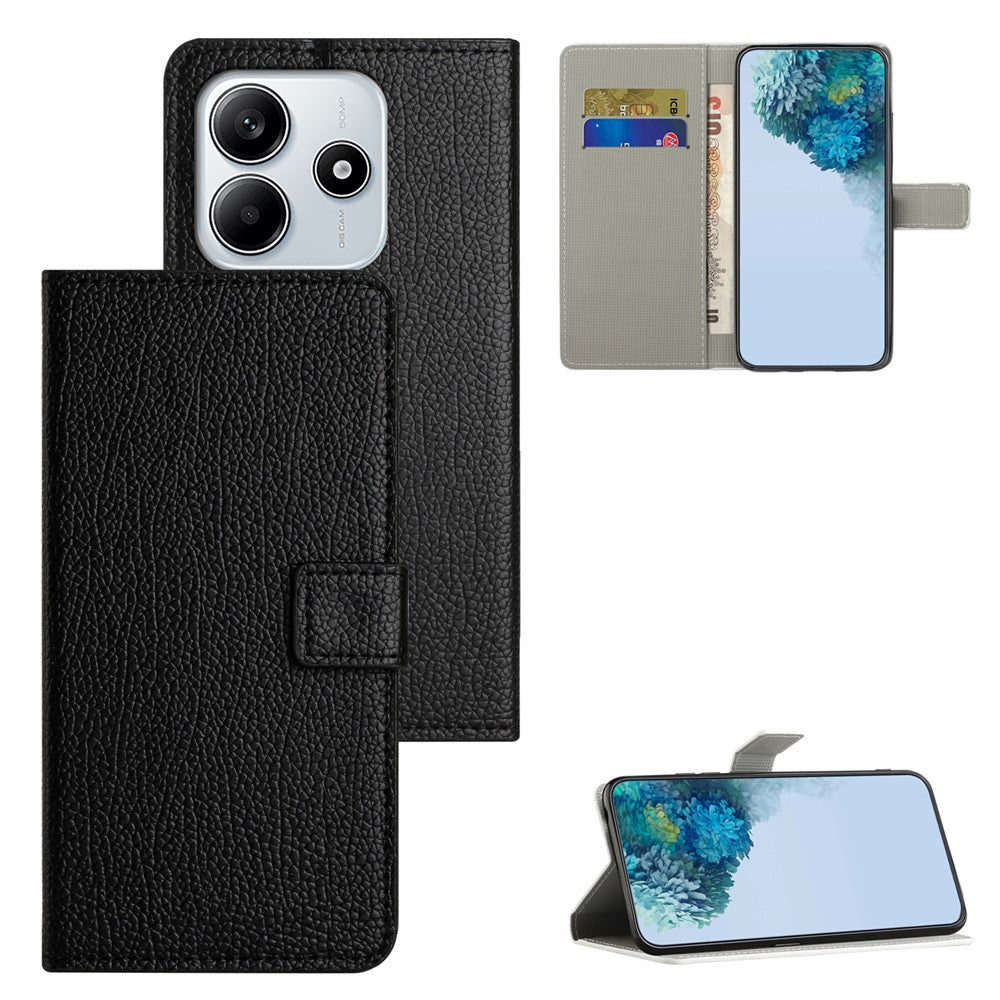 Xiaomi Redmi Note 14 5G-skal PU-läderplånboksfodral Litchi-textur, svart