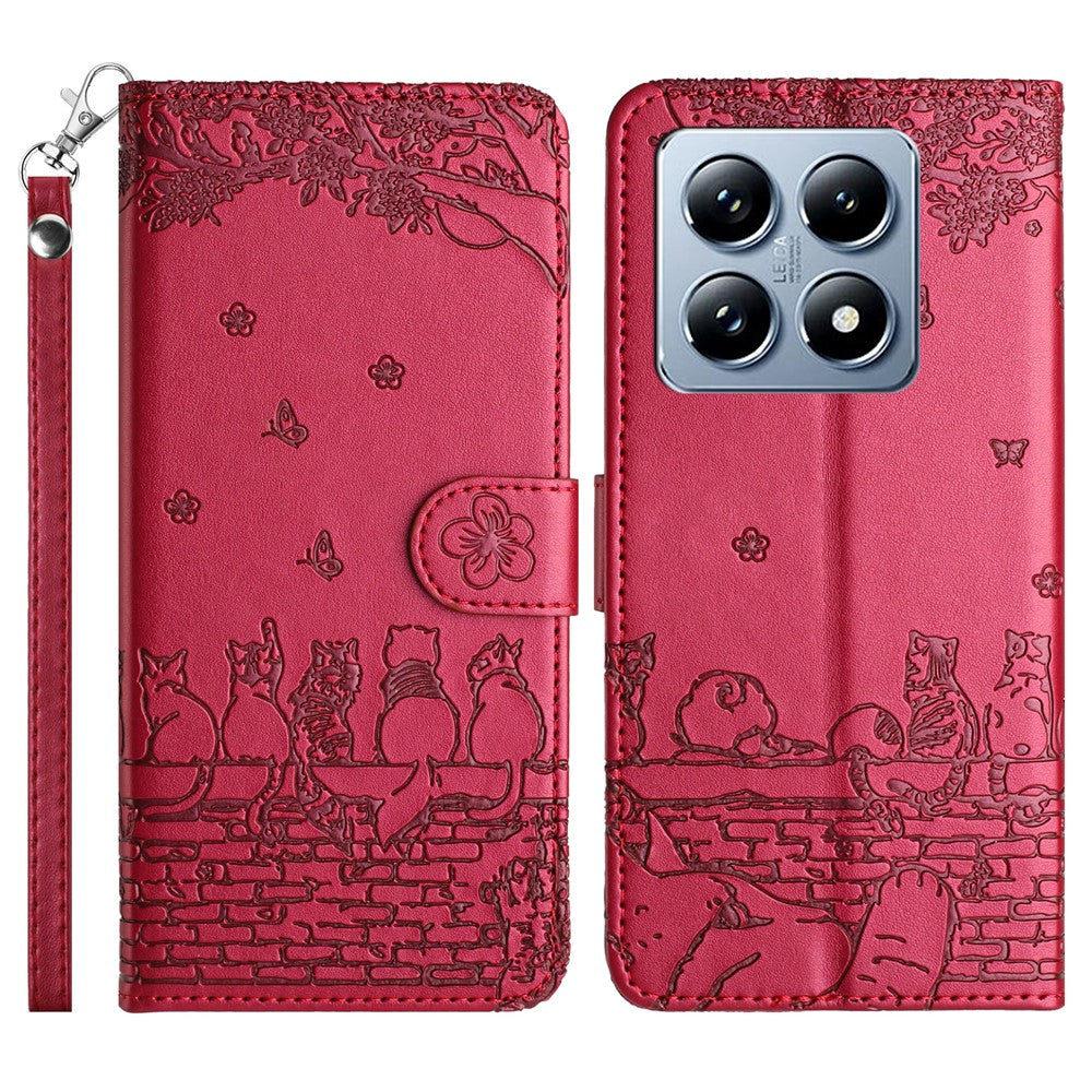 For Xiaomi 14T Pro Case with Wrist Strap Leather Phone Cover Wall Cats Pattern
