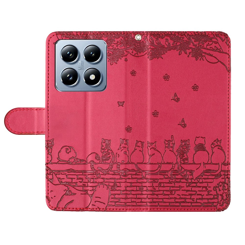 For Xiaomi 14T Case with Wrist Strap Leather Phone Cover Wall Cats Pattern