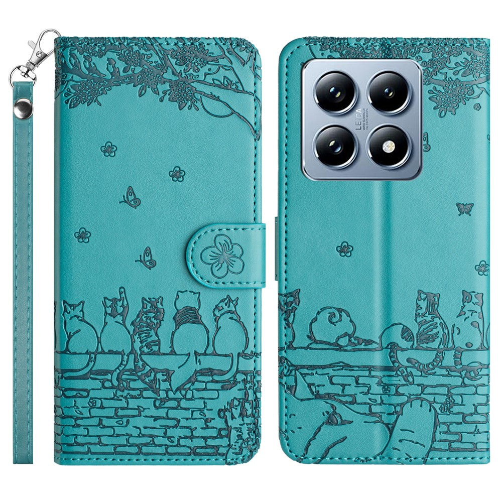 For Xiaomi 14T Case with Wrist Strap Leather Phone Cover Wall Cats Pattern