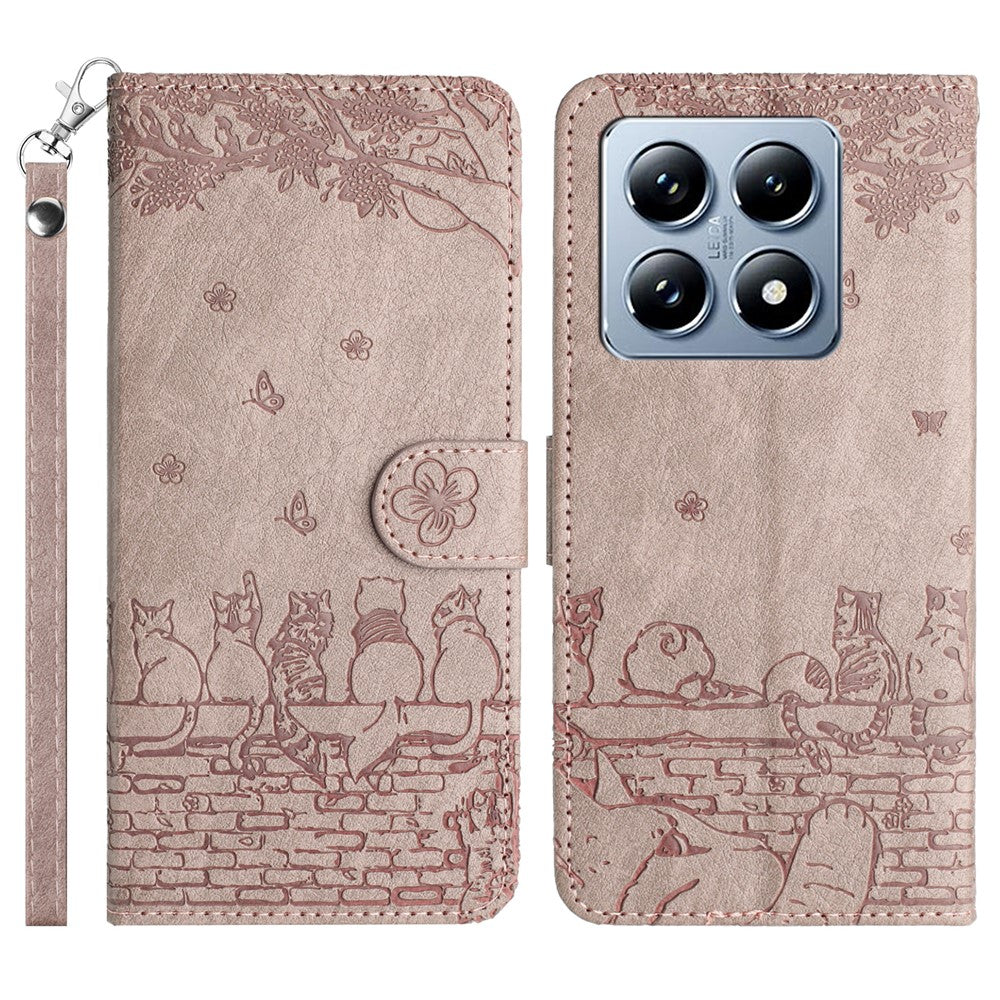 For Xiaomi 14T Case with Wrist Strap Leather Phone Cover Wall Cats Pattern