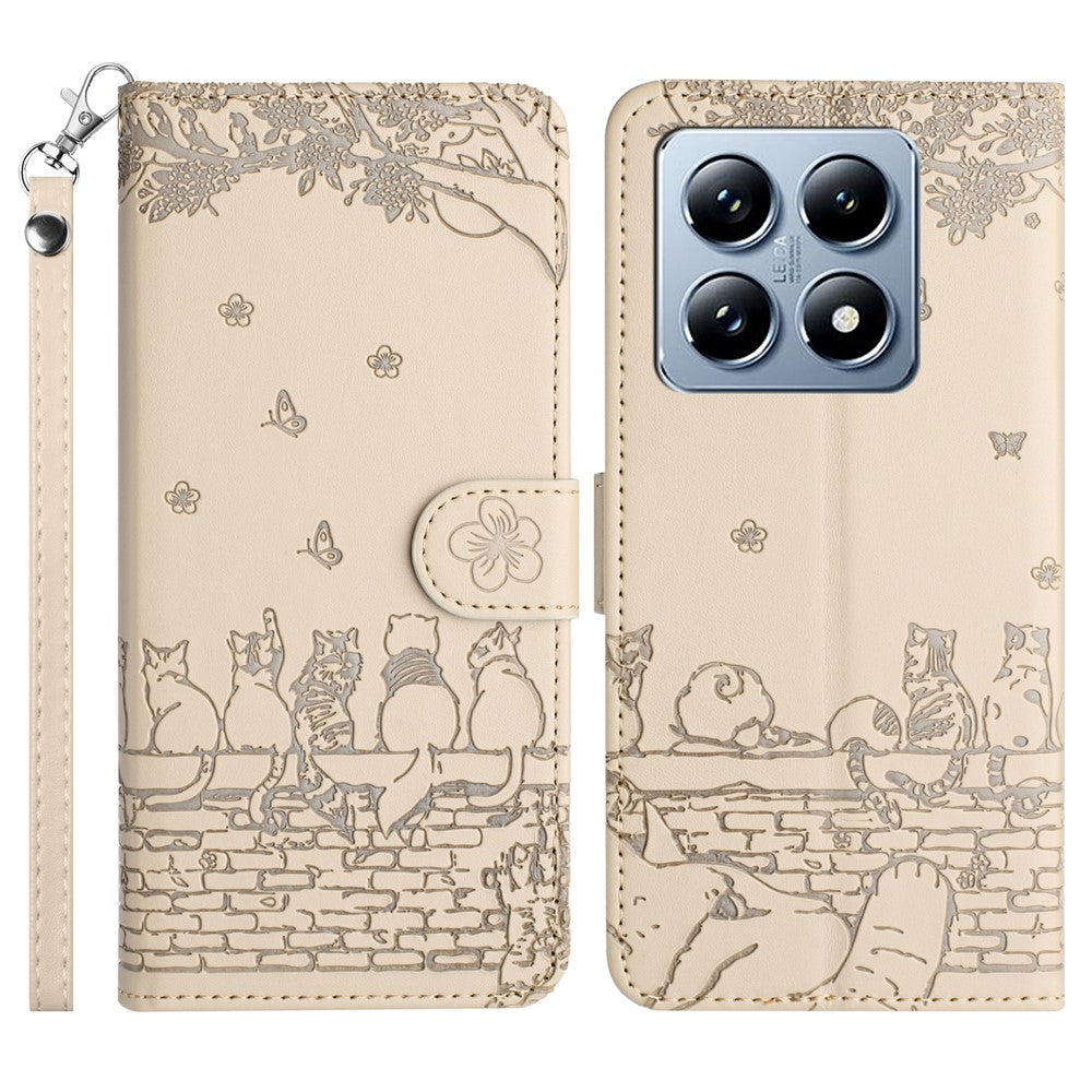 For Xiaomi 14T Case with Wrist Strap Leather Phone Cover Wall Cats Pattern