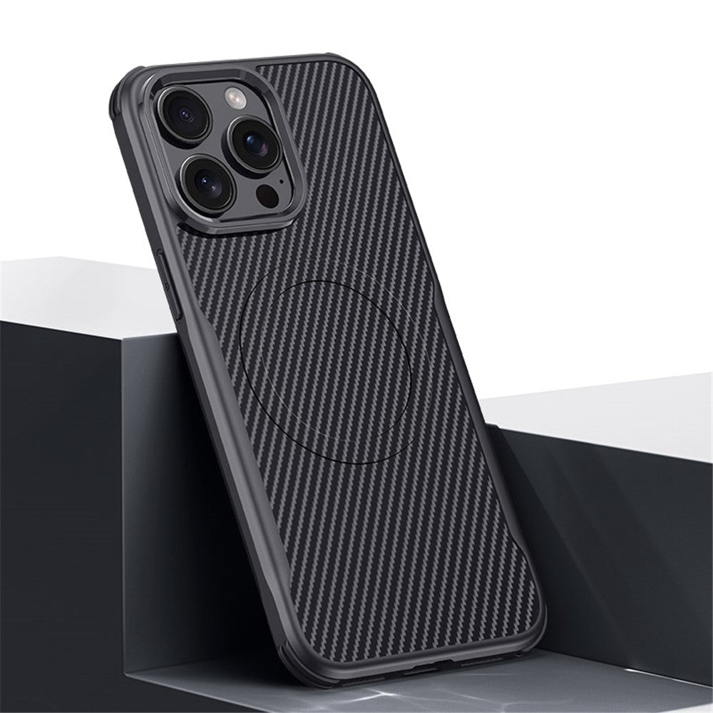 For iPhone 15 Pro Max Case Compatible with MagSafe Carbon Fiber Texture Leather Coated PC+Silicone Protective Cover