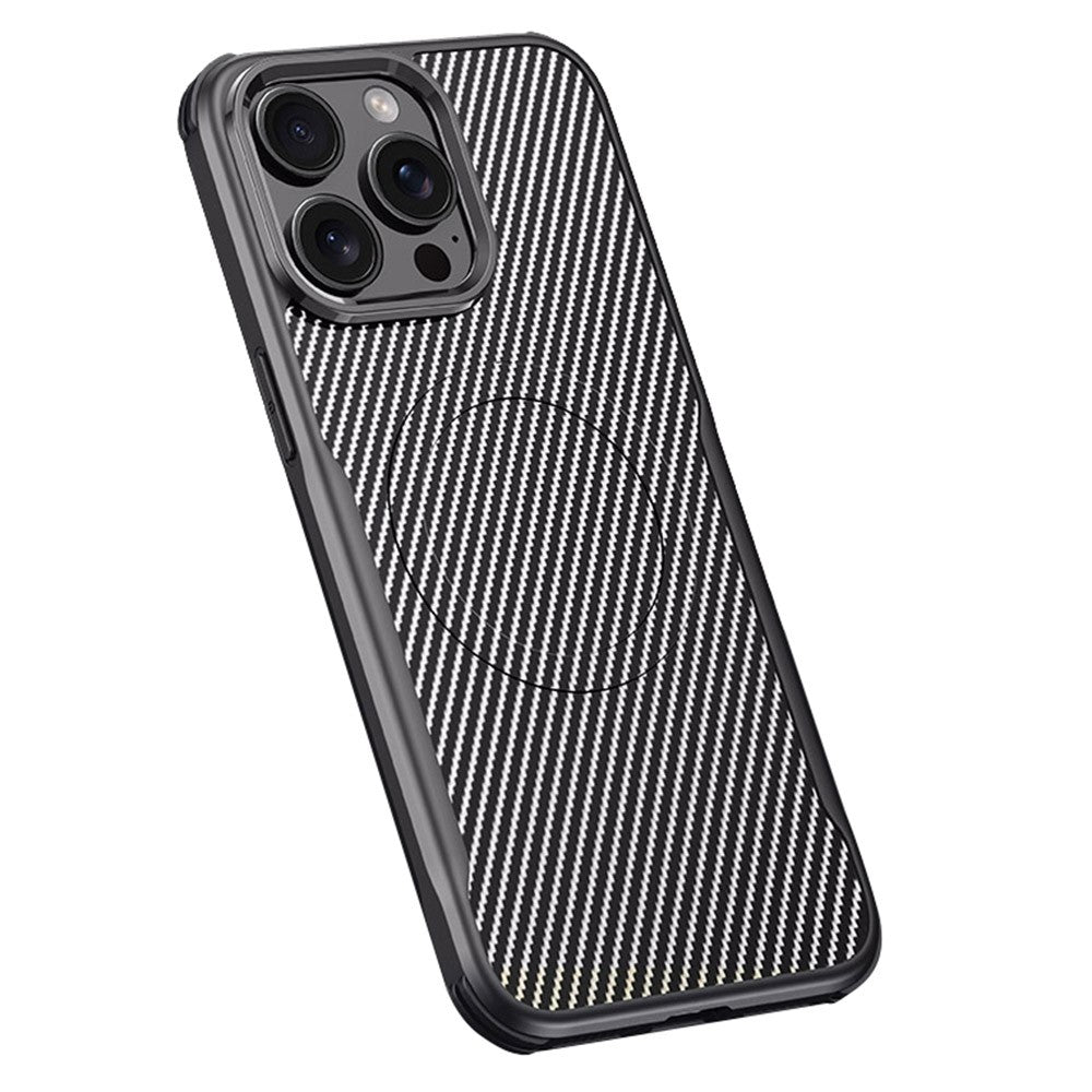 For iPhone 15 Pro Max Case Compatible with MagSafe Carbon Fiber Texture Leather Coated PC+Silicone Protective Cover