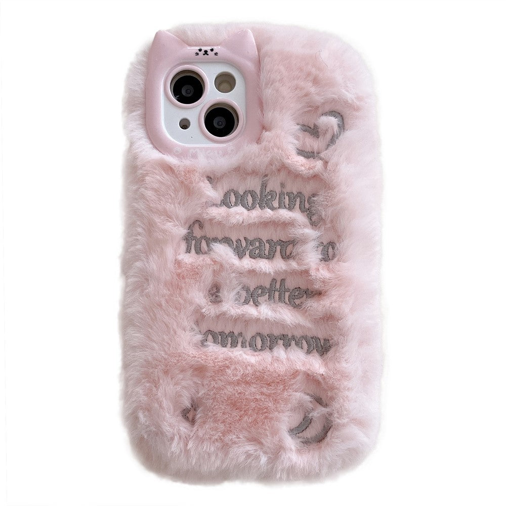 For iPhone 15 Case Cat Ear Fuzzy Furry Winter TPU Embroidered Phone Cover