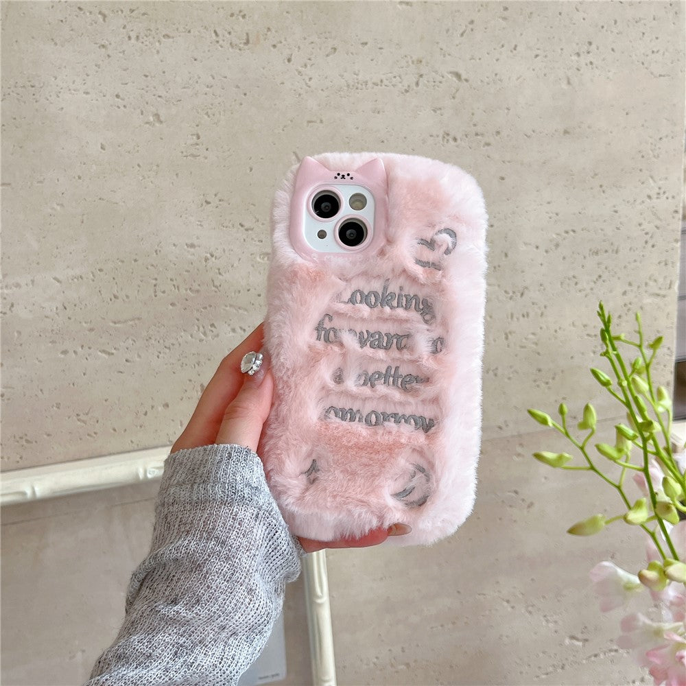 For iPhone 15 Case Cat Ear Fuzzy Furry Winter TPU Embroidered Phone Cover