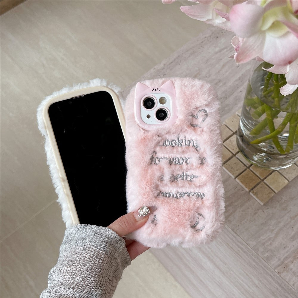 For iPhone 15 Case Cat Ear Fuzzy Furry Winter TPU Embroidered Phone Cover