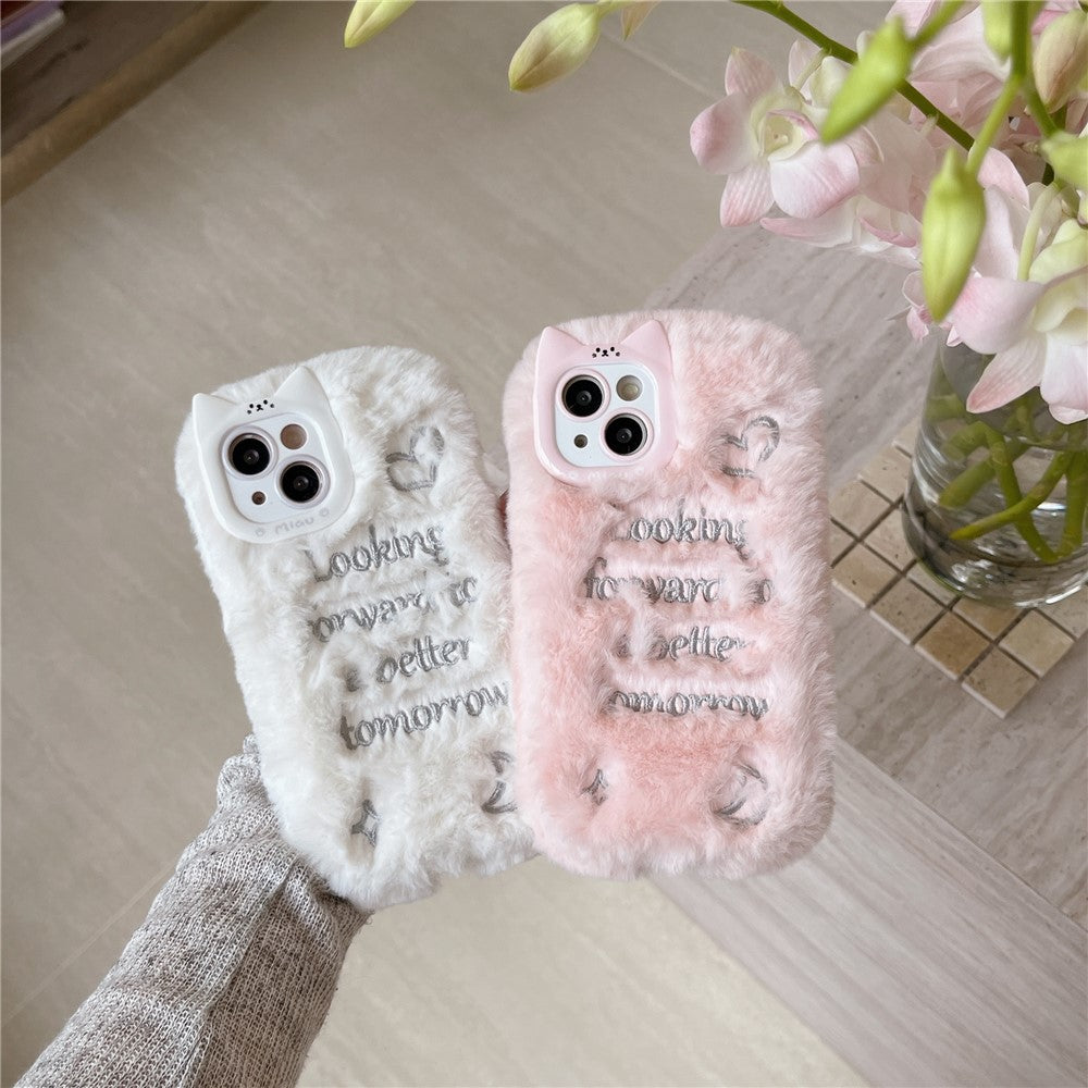 For iPhone 15 Case Cat Ear Fuzzy Furry Winter TPU Embroidered Phone Cover