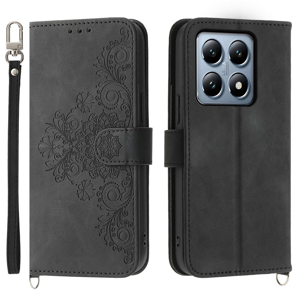 For Xiaomi 14T Pro Case Flower Pattern PU Leather Wallet Phone Cover with Strap