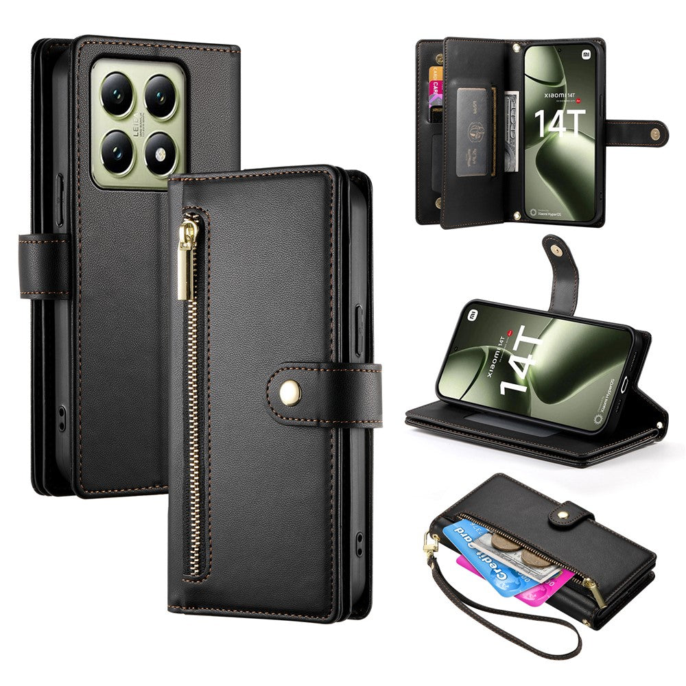 DF-011 For Xiaomi 14T Case Zipper Pocket Wallet Leather Phone Cover with Straps