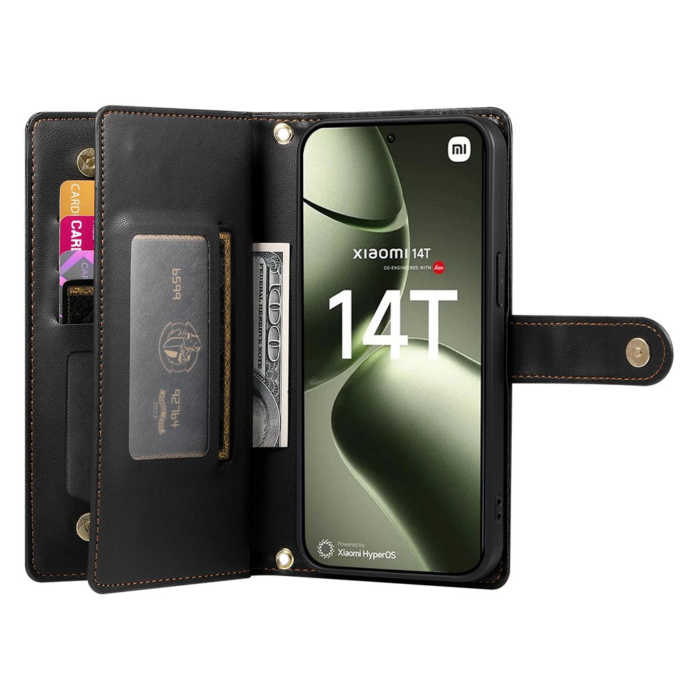 DF-011 For Xiaomi 14T Case Zipper Pocket Wallet Leather Phone Cover with Straps