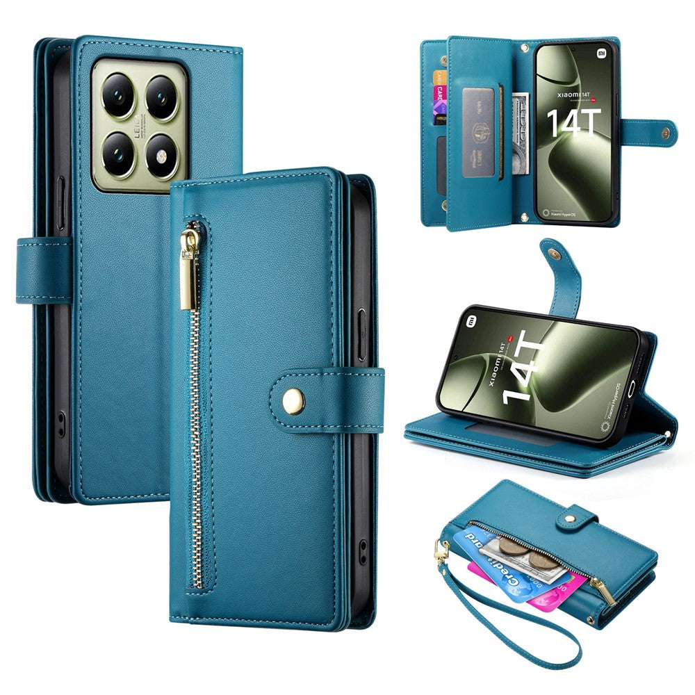 DF-011 For Xiaomi 14T Case Zipper Pocket Wallet Leather Phone Cover with Straps