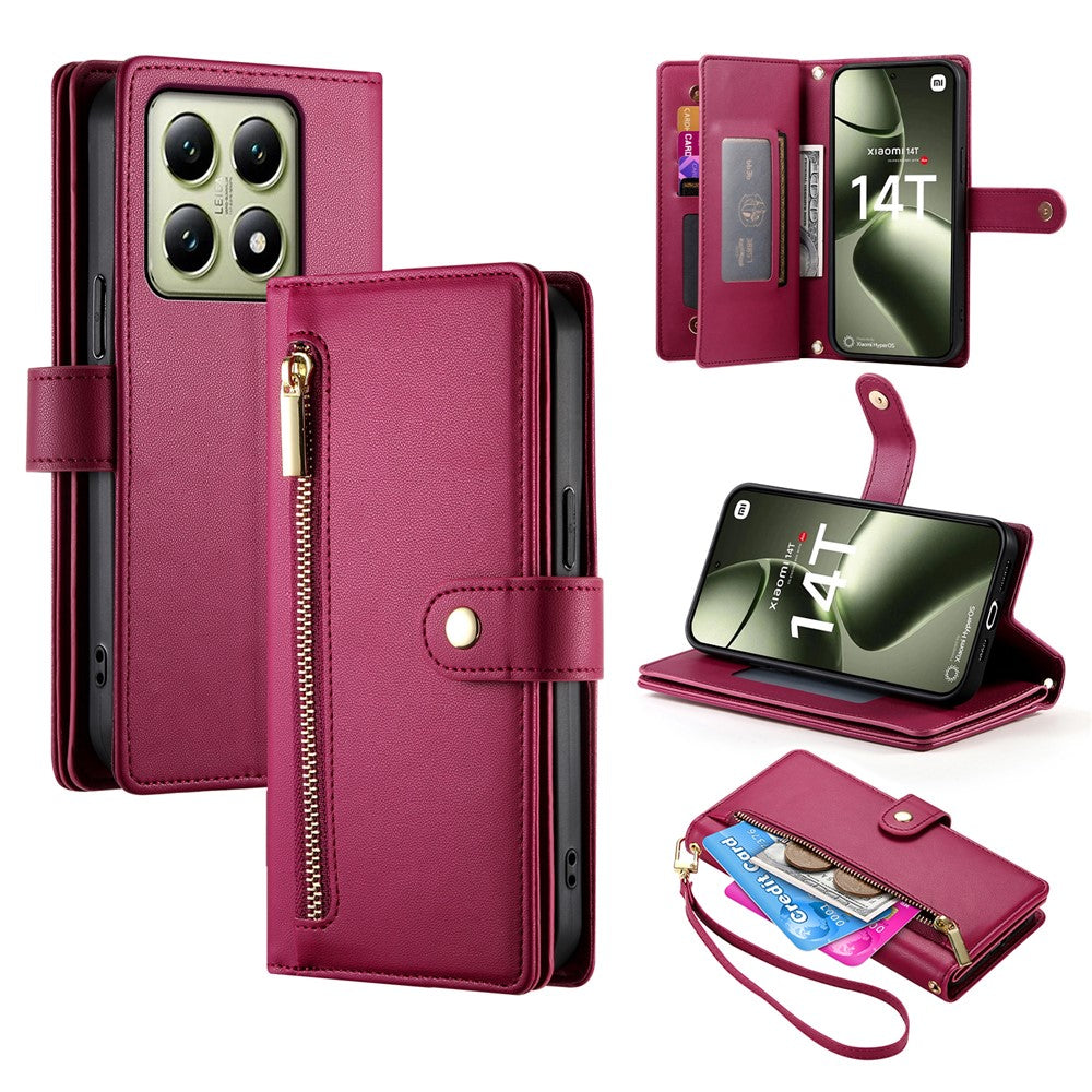 DF-011 For Xiaomi 14T Case Zipper Pocket Wallet Leather Phone Cover with Straps