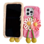 For iPhone 16 Pro Max Case Two Flowers Decor Outer Fluffy Plush Inner TPU Phone Cover