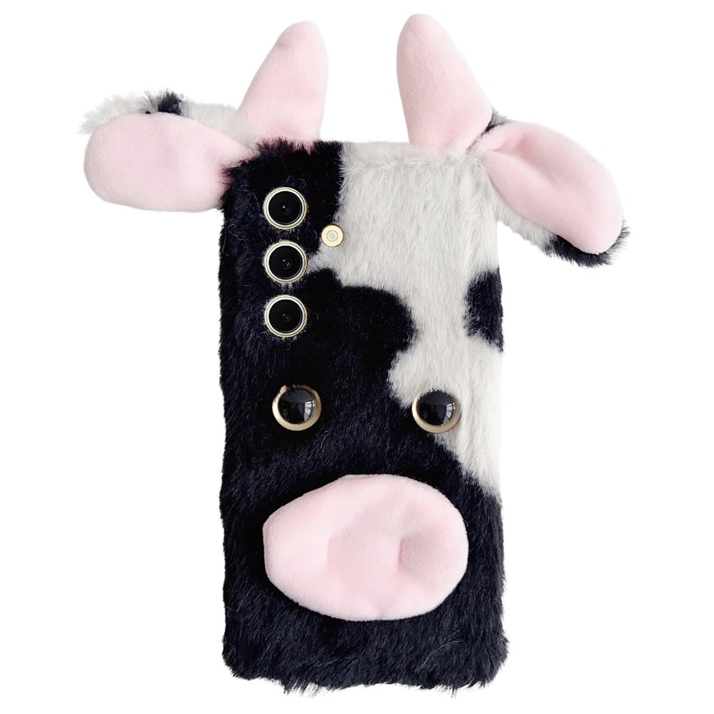 For Samsung Galaxy S25 Case Fluffy Cute Cow Winter Plush Inner TPU Phone Cover