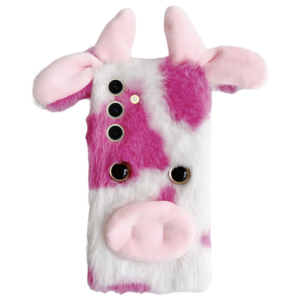 For Samsung Galaxy S25 Case Fluffy Cute Cow Winter Plush Inner TPU Phone Cover
