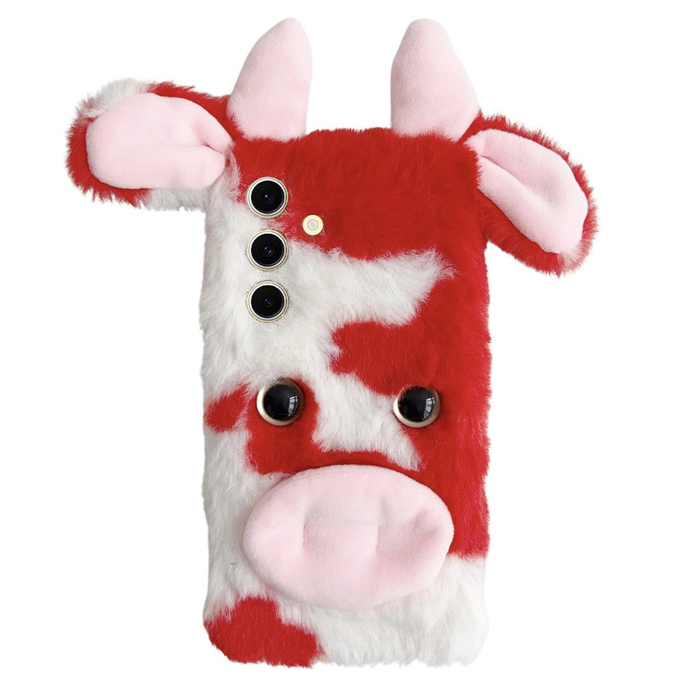 For Samsung Galaxy S25 Case Fluffy Cute Cow Winter Plush Inner TPU Phone Cover
