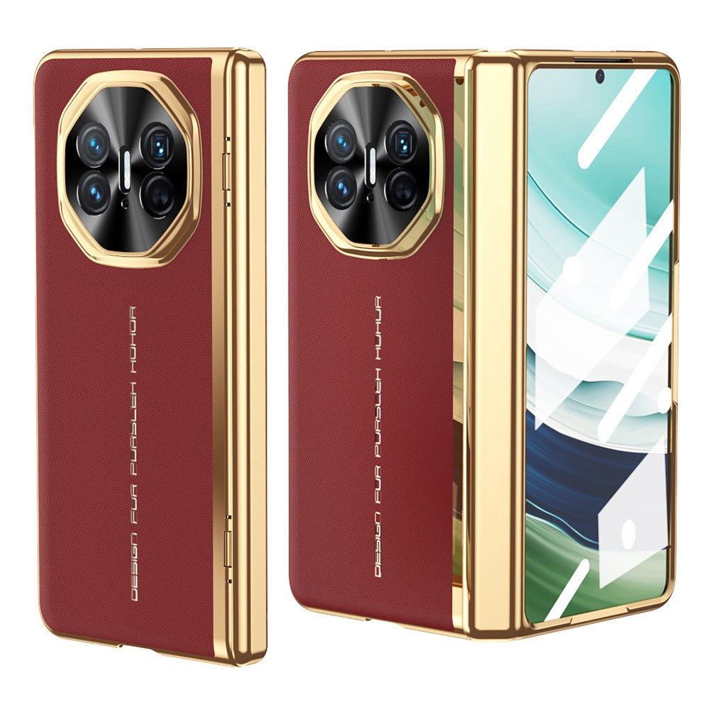 For Huawei Mate X5 Case PU Leather+PC Electroplating Phone Cover with Tempered Glass Screen Film
