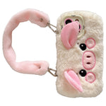 KJS-019 For iPhone 15 Pro Max Case Lens Kickstand TPU Piglet Plush Handheld Phone Cover